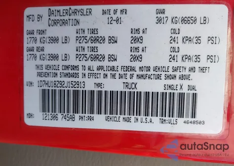 2002 Dodge Ram 1500 St z USA, uszkodzony, nr VIN 1D7HU18Z92J152913